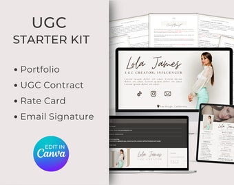 UGC Creator Bundle Starter Kit, UGC Portfolio, Editable UGC Contract Template, Influencer Rate Card, Email Signature with Clickable Links