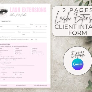 Könnte beinhalten: Ein rosa-weißes Kundenaufnahmeformular für Wimpernverlängerungen. Das Formular enthält Abschnitte für Kundeninformationen, Krankengeschichte und Fragen zu Allergien und Augenpflege. Das Formular trägt den Titel "Lash Extensions Client Intake Form" und ist mit "Editable Canva" gekennzeichnet.