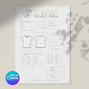 T Shirt Order Form, Tshirt Order Form Template, Etsy Seller Printable Order Forms, Editable Canva Template, Small Business Template
