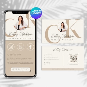 Carte de visite numérique pour agent immobilier avec liens cliquables, carte de visite imprimable pour agent immobilier, carte postale moderne et neutre avec code QR, HTML