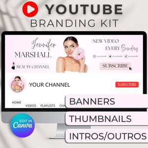 Minimal YouTube Brand Kit, Editable Banner Intro & Outro and Logo, 8 Custom Canva Templates, YouTube Branding Kit Bundle
