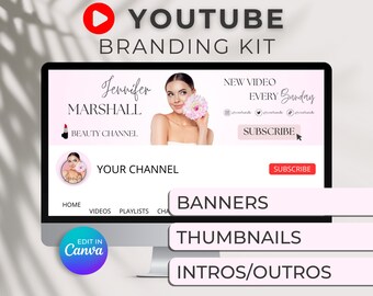 Kit de marque YouTube minimaliste, bannière d'introduction et de fin et logo modifiables, 8 modèles de toile personnalisés, lot de kits de marque YouTube