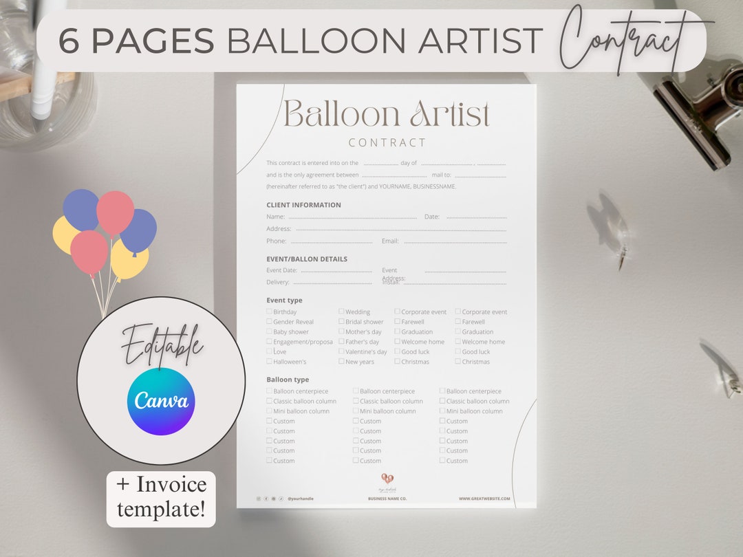 Editable Balloon Artist Contract Template, Minimal Balloon Stylist Editable Balloon Artist Contract Template, Minimal Balloon Stylist