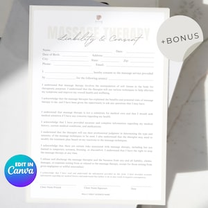 May include: A white and gray printable massage therapy liability and consent form with the text "Massage Therapy Liability & Consent" in a decorative font. The form includes sections for client information, consent to massage services, and client signature.