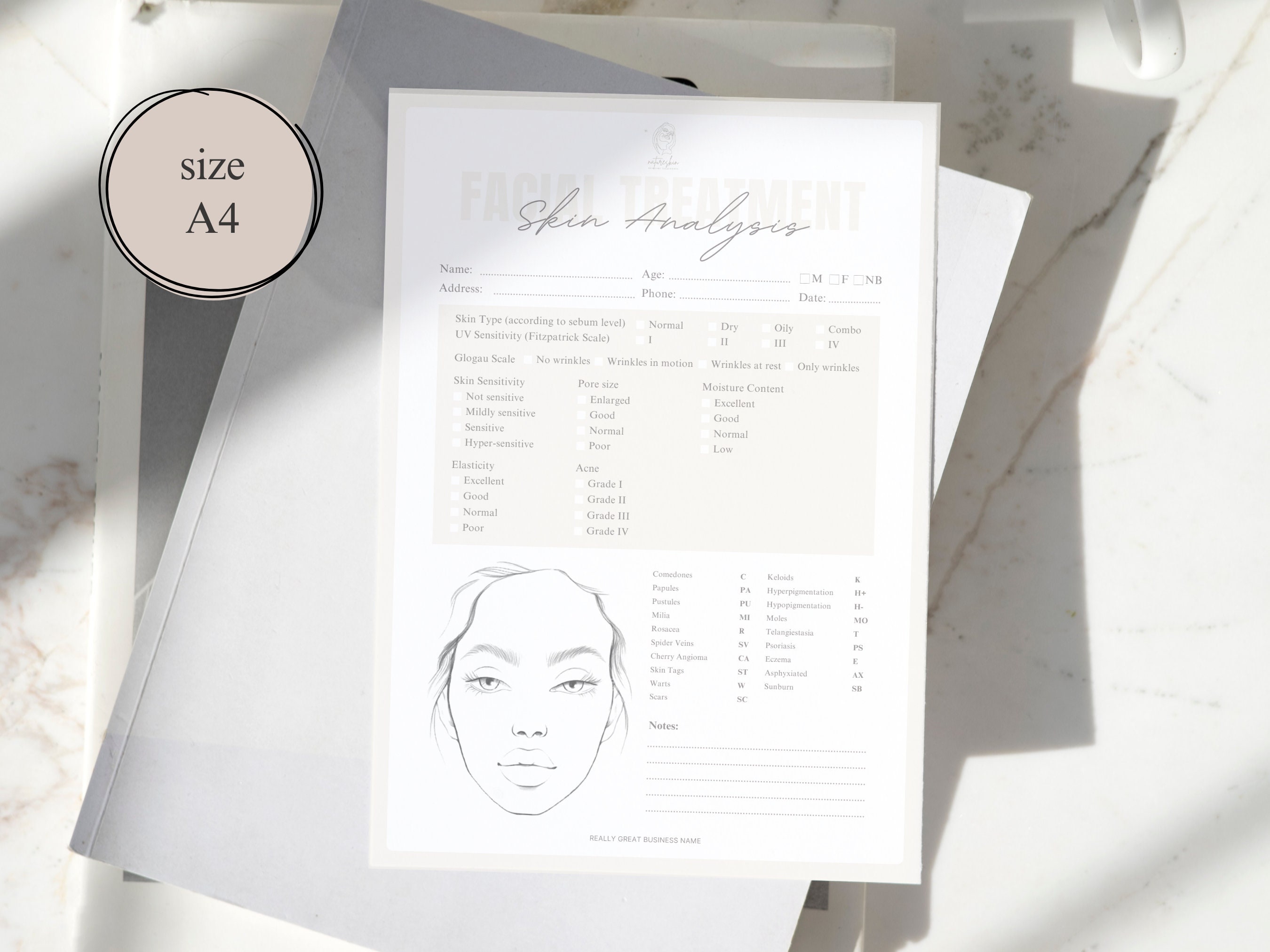 Weekly Skin Report Form Skin Analysis Form Template, Skincare Template, Esthetician Facial ...