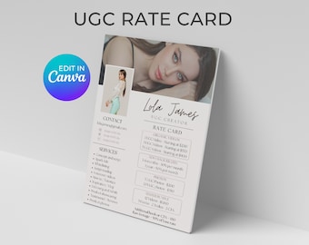 Tableau des tarifs UGC, modèle Canva de feuille de tarifs UGC modifiable, kit média UGC minimaliste Canva, dossier de presse Tiktok Instagram Creator, liens cliquables