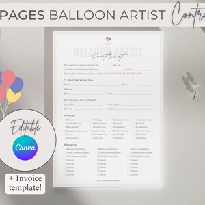 Editable Balloon Artist Contract Template, Balloon Garland Contract, Balloon Artist Invoice Template, Balloon Order Form, Balloon Business