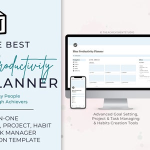 Blue Notion Goal Planner for Small Business Owners, Notion Task Management, Notion Project Management, Notion Habit Tracker, Notion Work