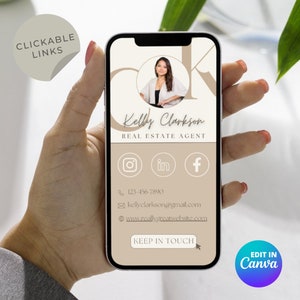 Cyfrowy szablon wizytówki agenta nieruchomości, edytowalna wizytówka agenta nieruchomości z klikalnymi linkami, nowoczesne minimalistyczne karty z kodem QR