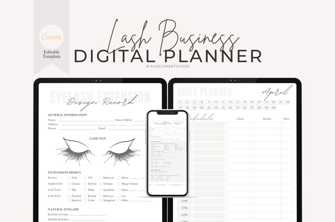 Digital Lash Tech Planner, Digital Client Record Book Lashes, Lash Tech