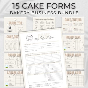 ケーキのお手入れカード、ベーカリーの注文書テンプレート、お手入れ方法、ケーキカットセット、ケーキのサンキューカード、ベーカリーの名刺、編集可能なCanva