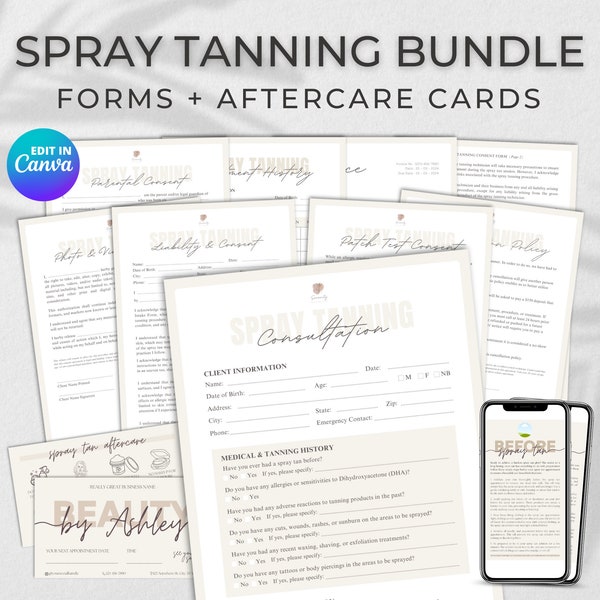 Editable Spray Tan Forms Bundle, Spray Tanning Consent Form Template, Spray Tan Artist Aftercare Cards, Pre and Post Care, Tanning Salon