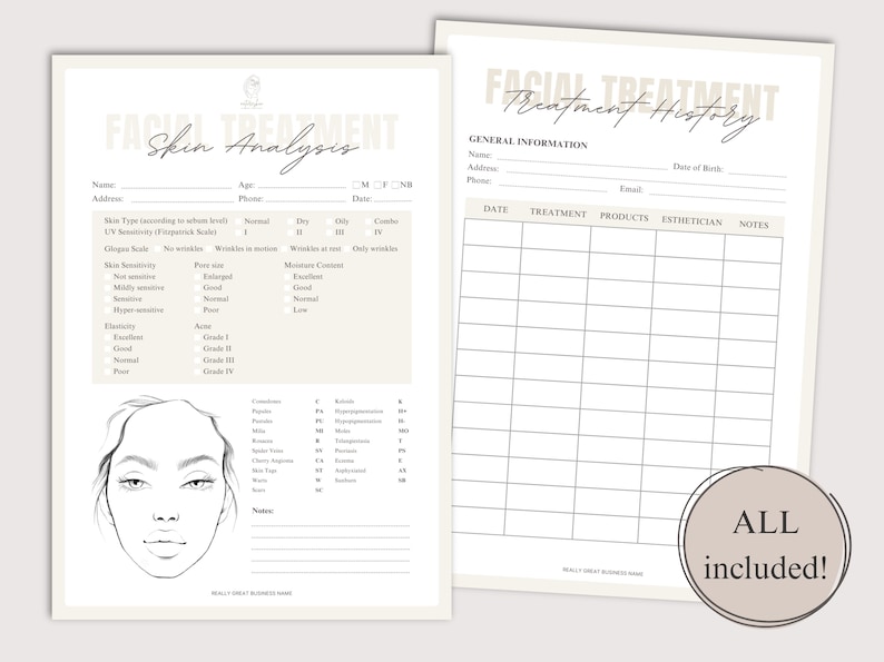 Skin Analysis Table Skin Analysis Form Template, Skincare Template, Esthetician Facial ...