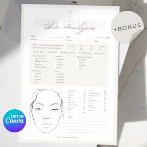 Skin Analysis Form Template, Skincare Template, Esthetician Facial Treatment Form, Beauty Salon Client Face Mapping, Spa Business Printable