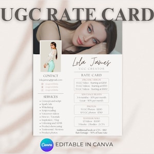 Modelo de tabela de preços UGC editável, folha de preços UGC minimalista, modelo Canva de kit de mídia moderno, kit de imprensa do Tiktok Instagram, links clicáveis