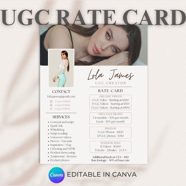 Editable UGC Rate Card Template, Minimalistic UGC Rate Sheet, Modern Media Kit Canva Template, Tiktok Instagram Press Kit, Clickable Links