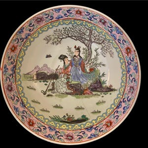 Large Vintage Chinese Famille Rose Hand Painted MACAU marked Porcelain Bowl Garden Courtship Figural Scene Marked with 4 Characters