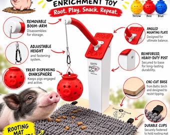 May include: The Snort-n-Snack enrichment toy features a red treat-dispensing Oinksphere hanging from a removable boom-arm attached to a white post. It includes a gray rooting mat secured to a wooden base with clips, designed for pet pigs.