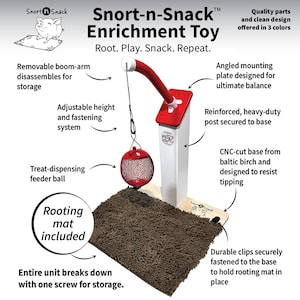 May include: The Snort-n-Snack Enrichment Toy features a white vertical post with a red curved boom-arm, a red treat-dispensing feeder ball suspended by a chain, and a brown textured rooting mat secured to a wooden base with durable black clips.