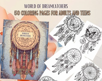 May include: A coloring book cover featuring a detailed illustration of a dreamcatcher with feathers and beads. The cover text reads "World of Dreamcatchers" and "50 Coloring Pages for Adults and Teens".