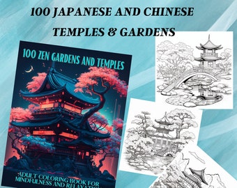 Può includere: Una copertina di un libro da colorare con un'illustrazione vibrante di un tempio giapponese con fiori di ciliegio. Il titolo recita "100 Giardini Zen e Templi" e "Libro da colorare per adulti per la consapevolezza e il rilassamento". La copertina include anche il testo "Download immediato".