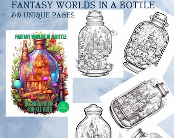 Libro para colorear "Mundos de fantasía en una botella": 50 páginas únicas (PDF)