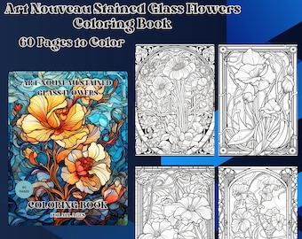 Libro para colorear de flores de vitral Art Nouveau (descarga digital)
