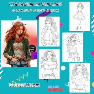 Puede incluir: Un libro para colorear con el título "Teen Fashion Coloring Book" y el texto "50 Teen Outfit Designs to Color". La portada presenta una ilustración colorida de una joven con cabello rojo que lleva una chaqueta verde y una camisa blanca. El libro también incluye varias ilustraciones en blanco y negro de mujeres jóvenes que visten diferentes atuendos.