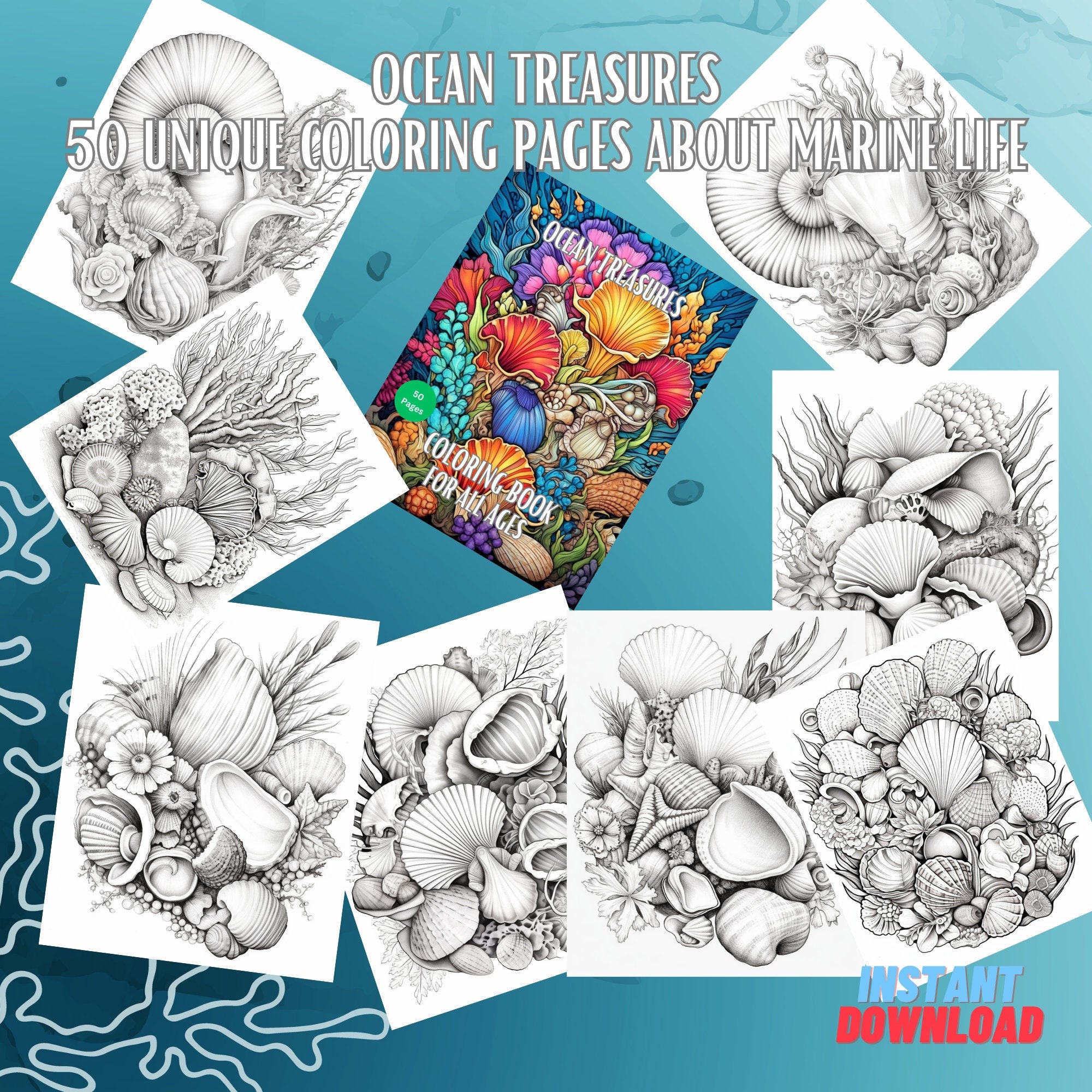 Ocean Treasures Coloring Book: 50 Shells & Marine Life Pages (PDF)