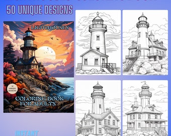 Lighthouses Coloring Book: 50 Unique Designs (PDF Pattern)