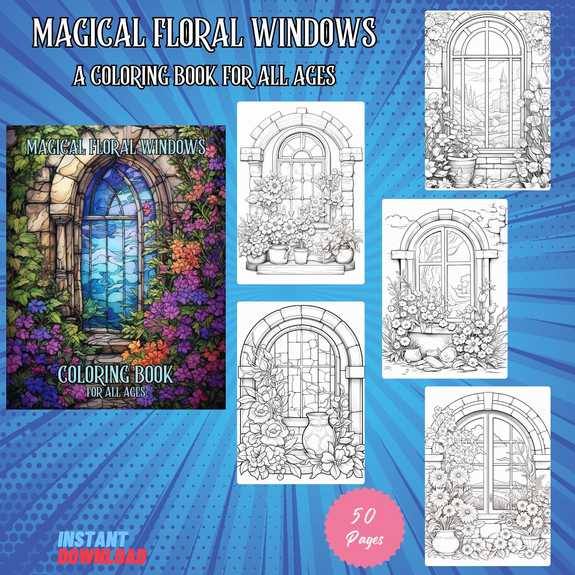 Floral Windows Coloring Book: 50 Magical Coloring Pages (PDF Pattern ...