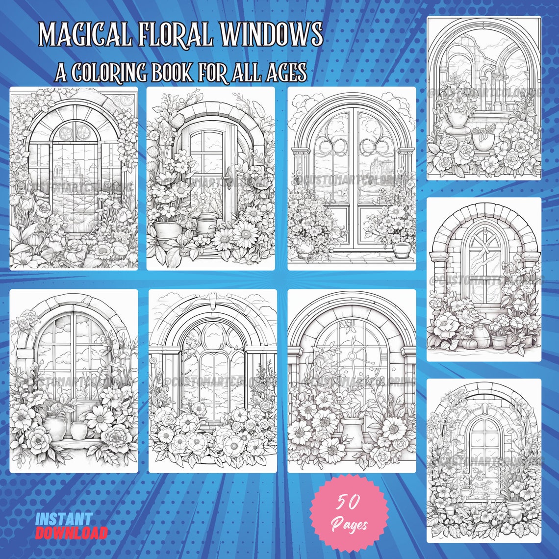 Floral Windows Coloring Book: 50 Magical Coloring Pages (PDF Pattern ...