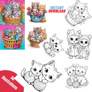May include: A set of 50 black and white illustrations of cute kittens in various poses. The kittens are shown in baskets, with yarn balls, and wearing hooded jackets. The text "INSTANT DOWNLOAD" is included in the image.