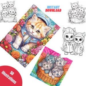 May include: A digital download of 50 illustrations featuring cute cats in various poses and settings. The illustrations are perfect for coloring books, greeting cards, and other creative projects.