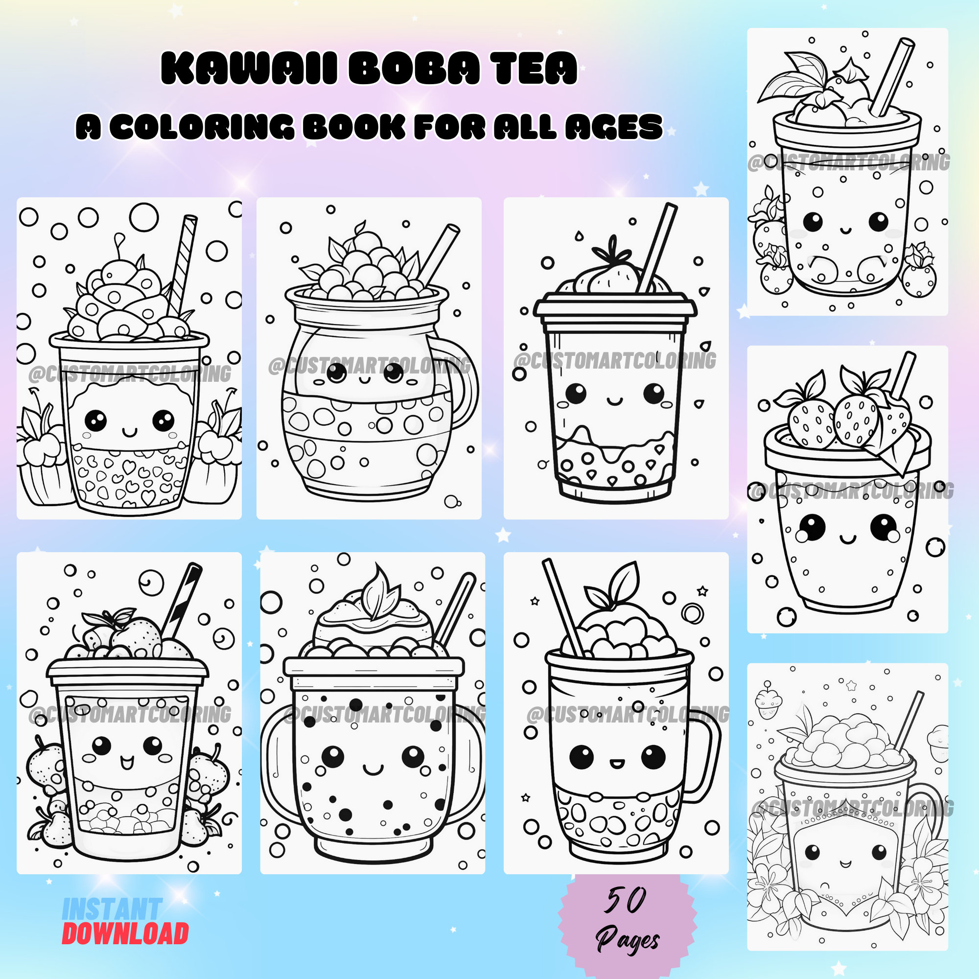 Kawaii Boba Tea Coloring Book | 50 Kawaii Boba Tea Coloring Pages