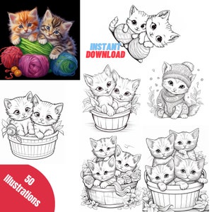 May include: A set of 50 black and white illustrations of cute kittens in various poses. The kittens are shown playing with yarn, sitting in baskets, and cuddling together.  The illustrations are perfect for coloring books, greeting cards, and other creative projects.