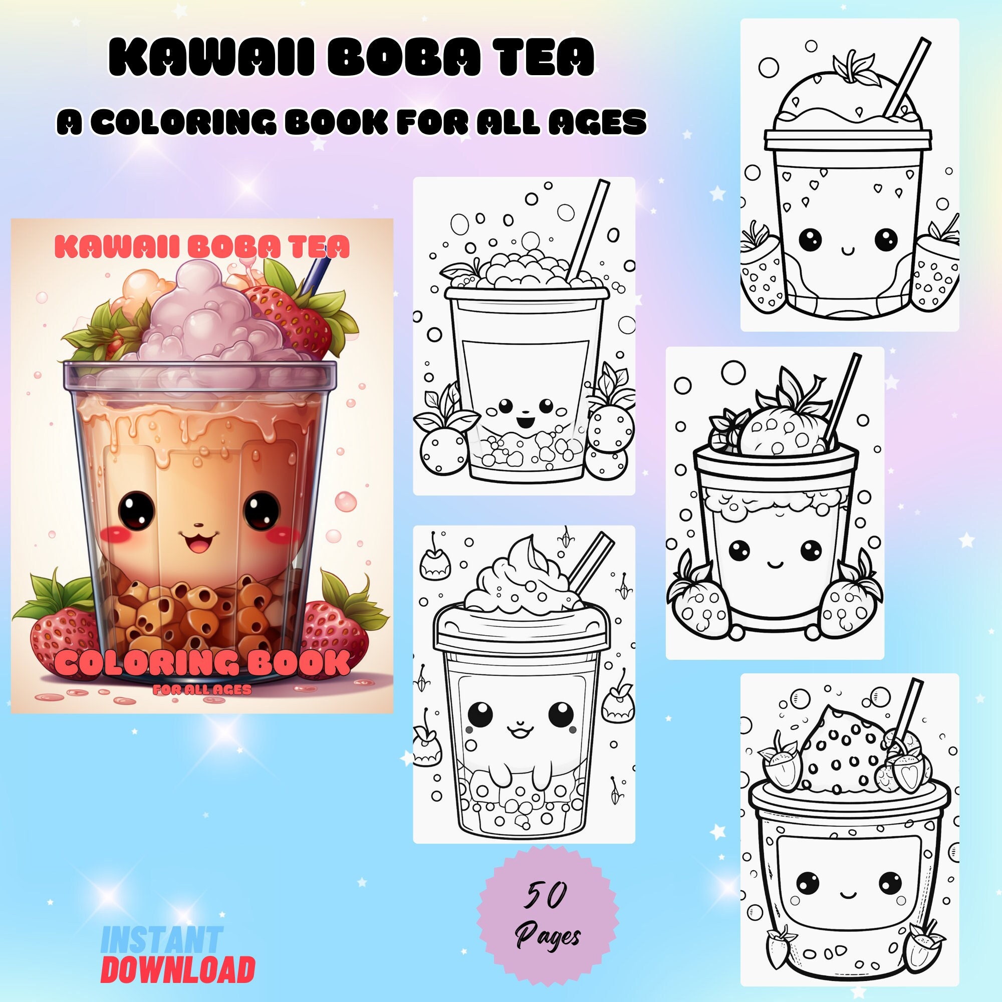 Kawaii Boba Tea Coloring Book | 50 Kawaii Boba Tea Coloring Pages | Kawaii Coloring Sheets | Printable Kawaii Coloring Pages