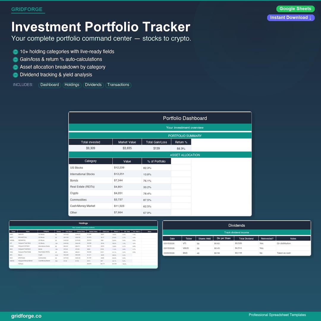 Investment Portfolio Tracker Google Sheets | Stock Dividend Tracker ...