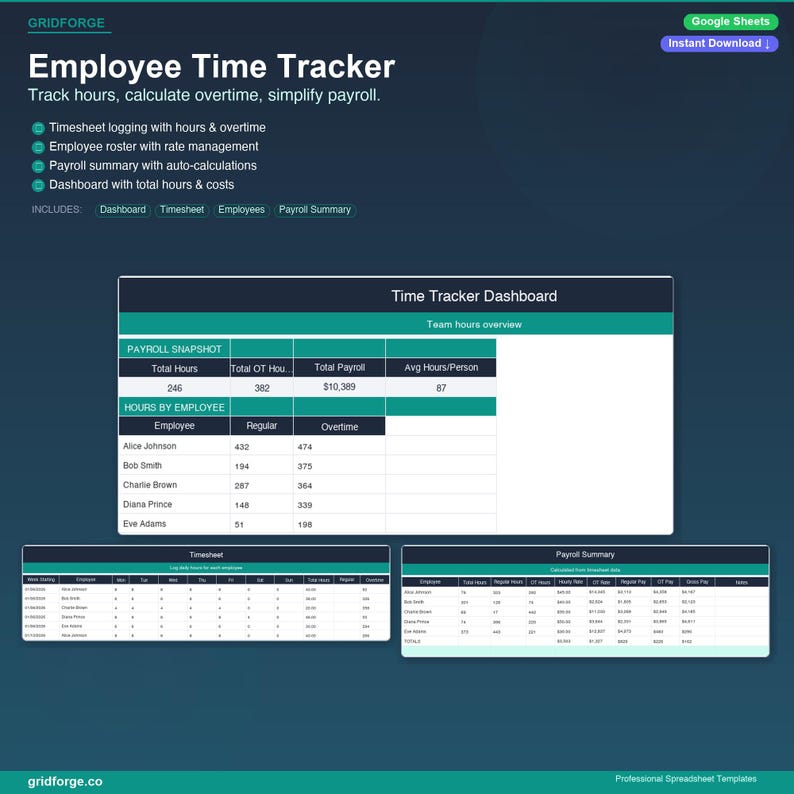Employee Time Tracker Google Sheets Template | Hours & Overtime ...
