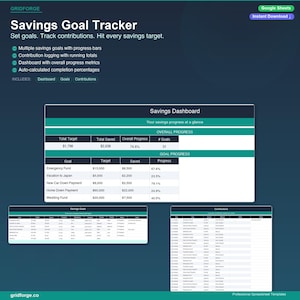 May include: A digital Savings Goal Tracker spreadsheet with a dark teal background. The spreadsheet includes sections for goals, progress, and contributions. The text "Savings Goal Tracker" is at the top, with bullet points describing features. The spreadsheet is designed to track savings goals.