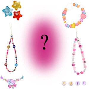 May include: A collection of colorful beaded accessories, including star-shaped charms, bracelets, and phone straps. The phone straps feature evil eye beads and smiley faces. The word "CUTE" is spelled out with letter beads.