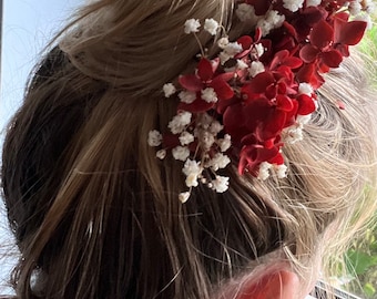 Red/Terracotta/burgandy hydrangea hair pin, autumnal, autumn wedding hair, bridesmaids, flower girl, dried flowers, boho, gypsophilia