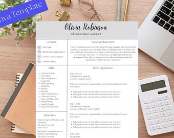 May include: A black and white resume template with a gray background. The resume is for Olivia Robinson, Administration Assistant. The resume includes contact information, skills, work experience, and education.