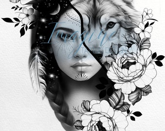 May include: Black and white illustration of a woman's face with a wolf's head emerging from the right side of her face. The woman's face is surrounded by flowers and leaves. The background is white.