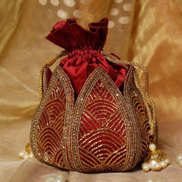 Femmes marron brodé Potli embrayage classique indien fait main sac à main mariage faveur sac femme pochette sac à main