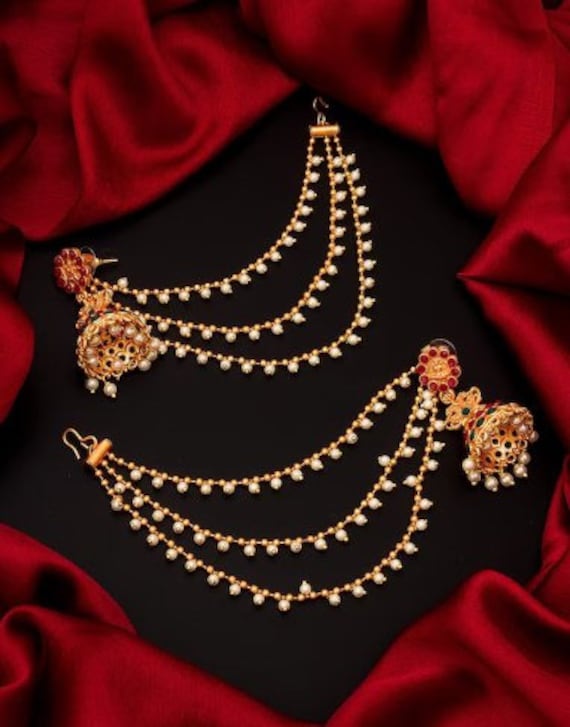 Buy Traditional Gold Tone bahubali maroon Earring jhumka with hair chain  for women and girls at Amazon.in