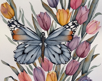 Watercolor butterfly illustration, Original watercolor painting, Wall art, Wall decor, Hand painted art, Watercolor art, Colorful tulips