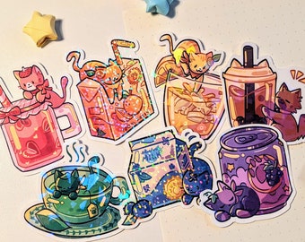 Cat Cafe Holo Stickers | Kawaii Drink, Kitty Stickers