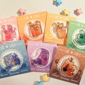 Cat Cafe Acrylic Pins | glitter acrylic pin | kawaii pin | cute pin | aesthetic pin | kitty cat pin | drink pin | boba milk tea | rainbow