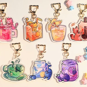 Cat Cafe Keychains | cute cat charms | kawaii keychains | drinks acrylic charms | boba charm | tea charm | aesthetic charms | kitty charms